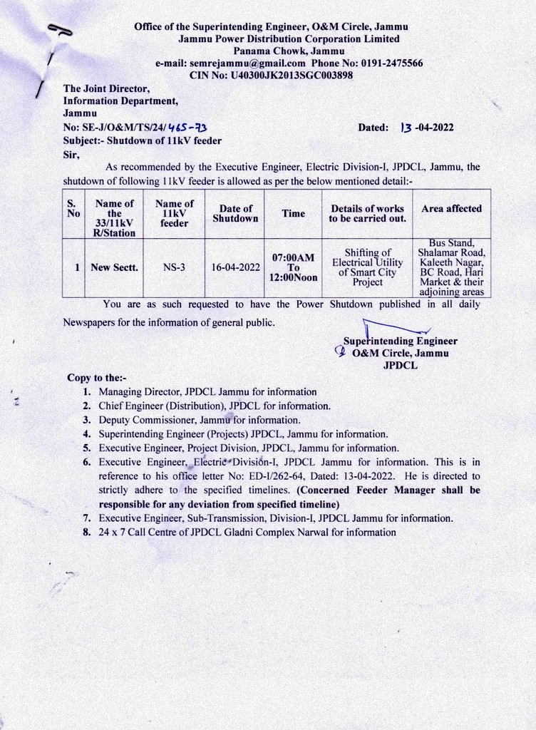 SE (O & M) Circle Jammu JPDCL tweet media