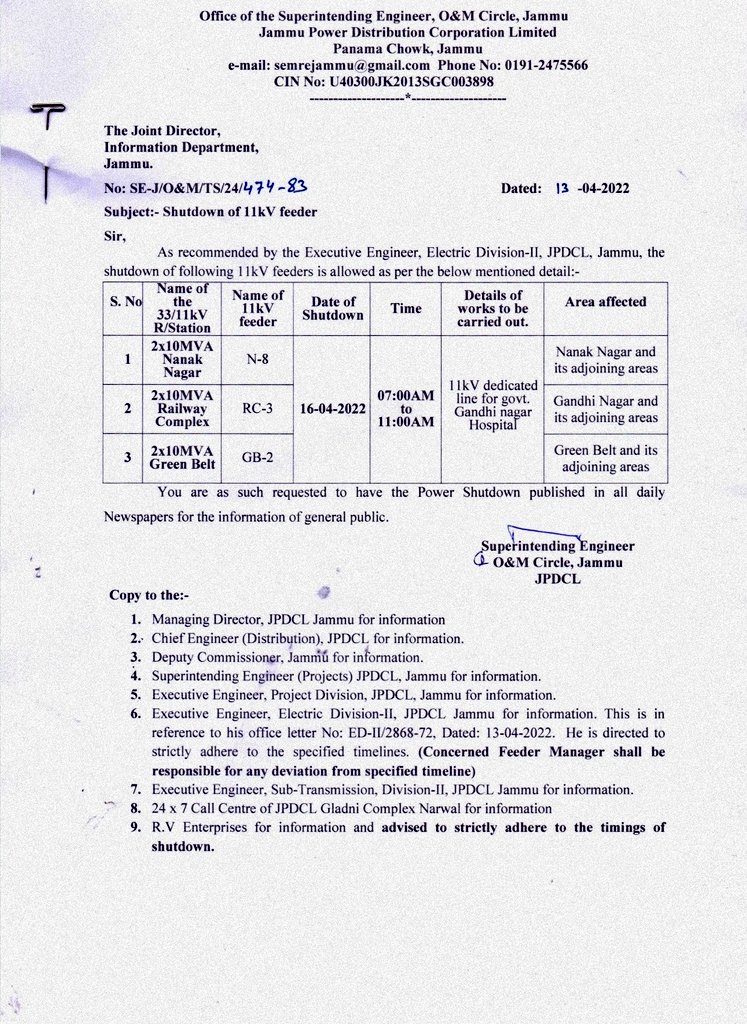 SE (O & M) Circle Jammu JPDCL tweet media