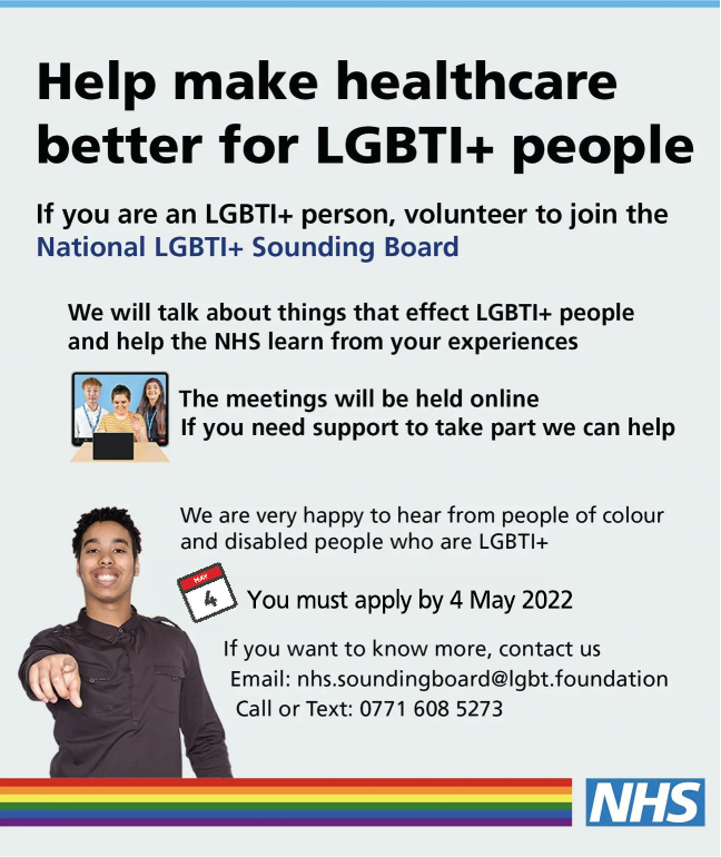 LGBTfdn's tweet photo. We have extended the deadline!

If you are an LGBTI+ person, join the online National LGBTI+ Sounding Board.
Help the NHS learn from your experiences.
Apply by 4 May 2022
Email: nhs.soundingboard@lgbt.foundation
Call or Text: 0771 608 5273
https://t.co/KZpz2FMvQ7 https://t.co/edoMKgfdag