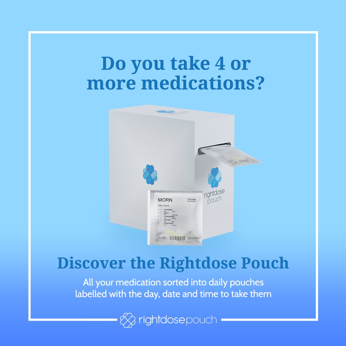 Rightdose_UK's tweet photo. We sort your medications for the month into individual pouches, clearly labelled with the day, date and time you need to take them. All you need to do is tear, and take!

This is a free service dispensed against your NHS prescription. 

Find out more here: https://t.co/DSS69oIYlq https://t.co/CH6e4SODps