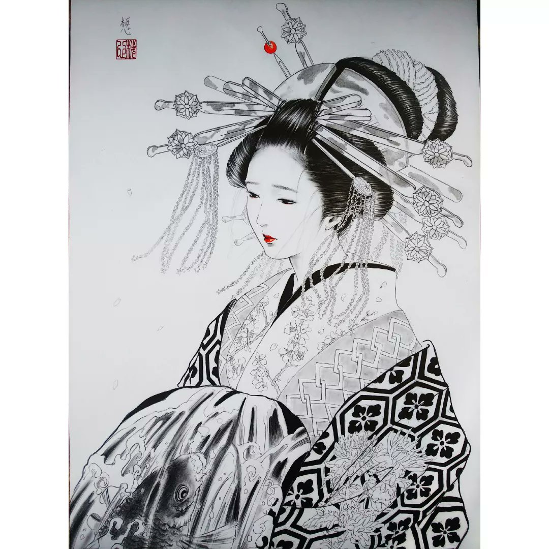 鉛筆画」花魁 絵画 鉛筆画」花魁 絵画