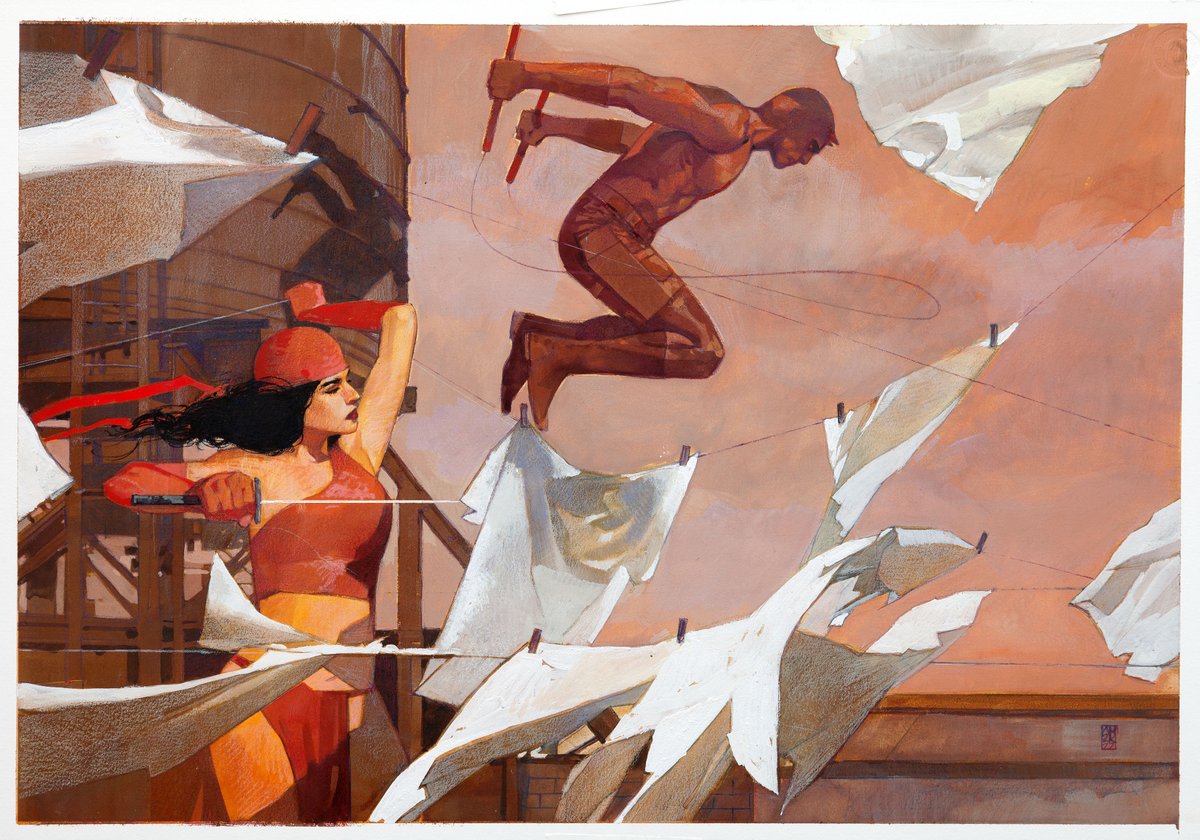 alexmaleev's tweet photo. One of my favorite DD/Elektra covers I have painted. Convinced the fine folks at @Marvel to print this horizontally. It's 15x22 on board, gouashe and pencils. Was intended as a conventional layout, but last minute laundry load turned up, so I added more space. https://t.co/VD3vJpqPxN
