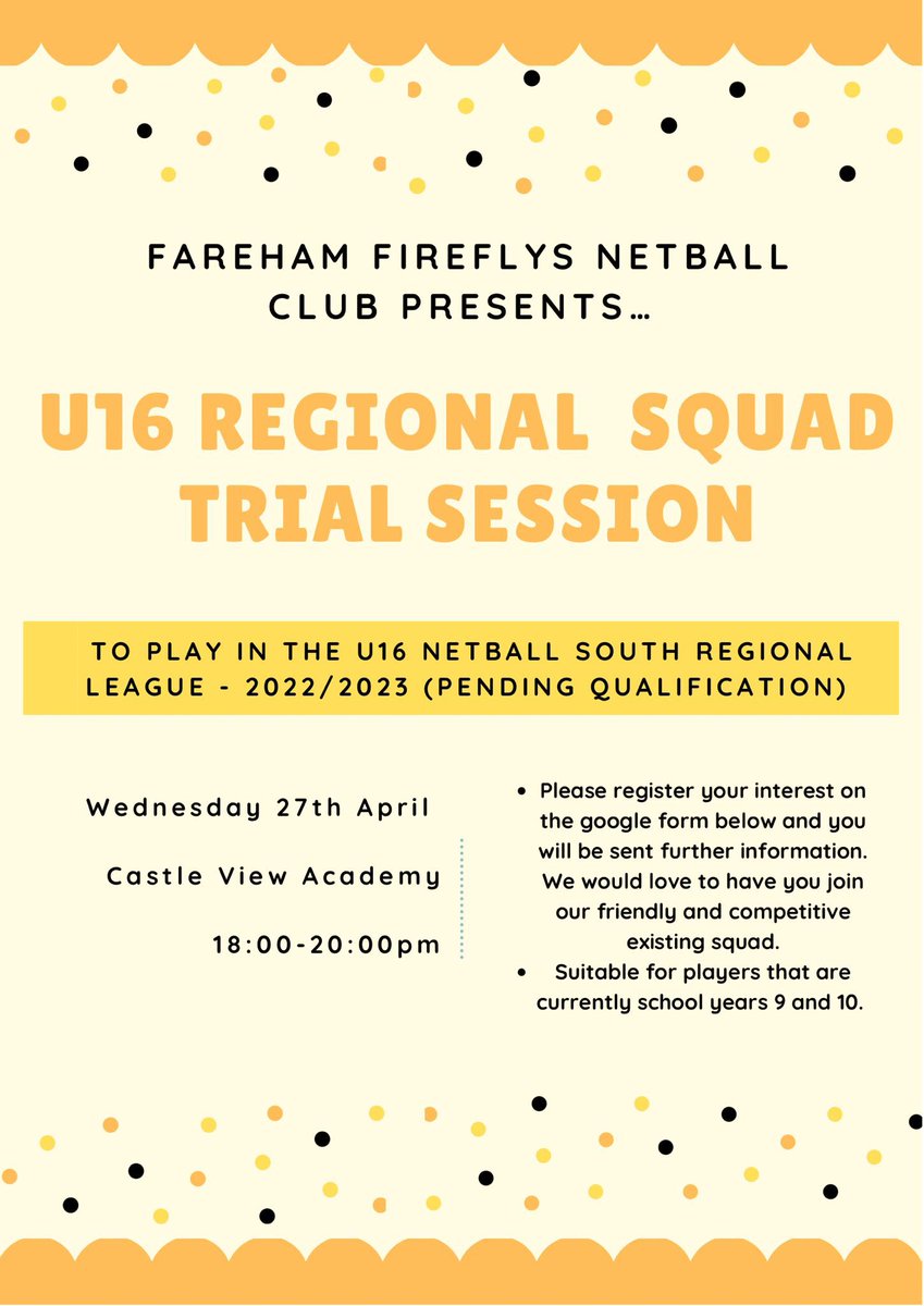 🧡🖤 We are on the look out for talented players who would be interested in joining our 2022/2023 U16 Regional Squad… forms.gle/JAhugadiA3Ej8G… 🧡🖤<a href="/Hants_Netball/">Netball in Hampshire & IOW</a> <a href="/NetballSouth/">Netball South</a>