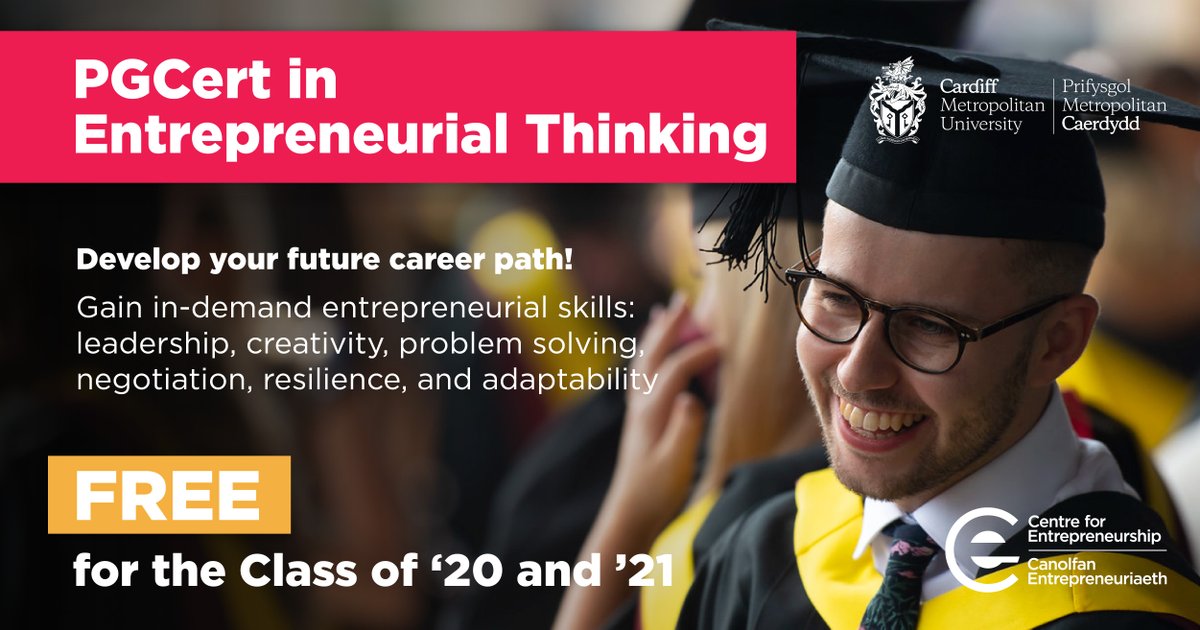 If you’re graduating from Cardiff Met this week as part of our Class of 2020 you can upgrade your Degree with a free online PGCert in Entrepreneurial Thinking with @cardiffmetent! Find out how it can help you get your ideas off the ground: bit.ly/pgcertcmetent