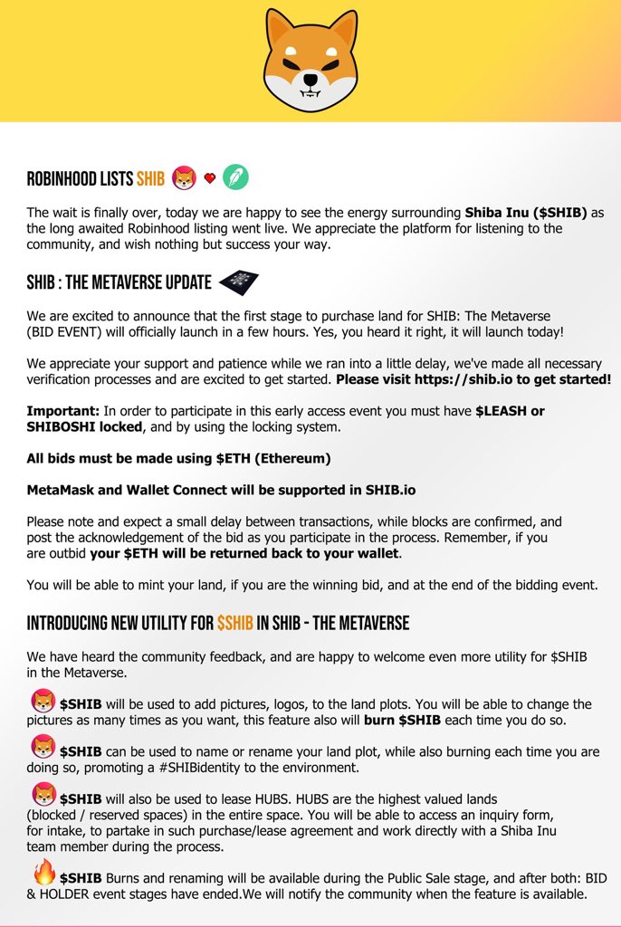 MetaSpace2022's tweet photo. Woof day #ShibArmy,

🏹 Shiba Inu $SHIB lists in @RobinhoodApp

🏞️ SHIB : The Metaverse Launches today! (In a few hours)

🐕 Introducing New Utility for $SHIB in SHIB - The Metaverse

#MST #BSCNews #Bitcoin #SHIB https://t.co/lrgeQdFzn5