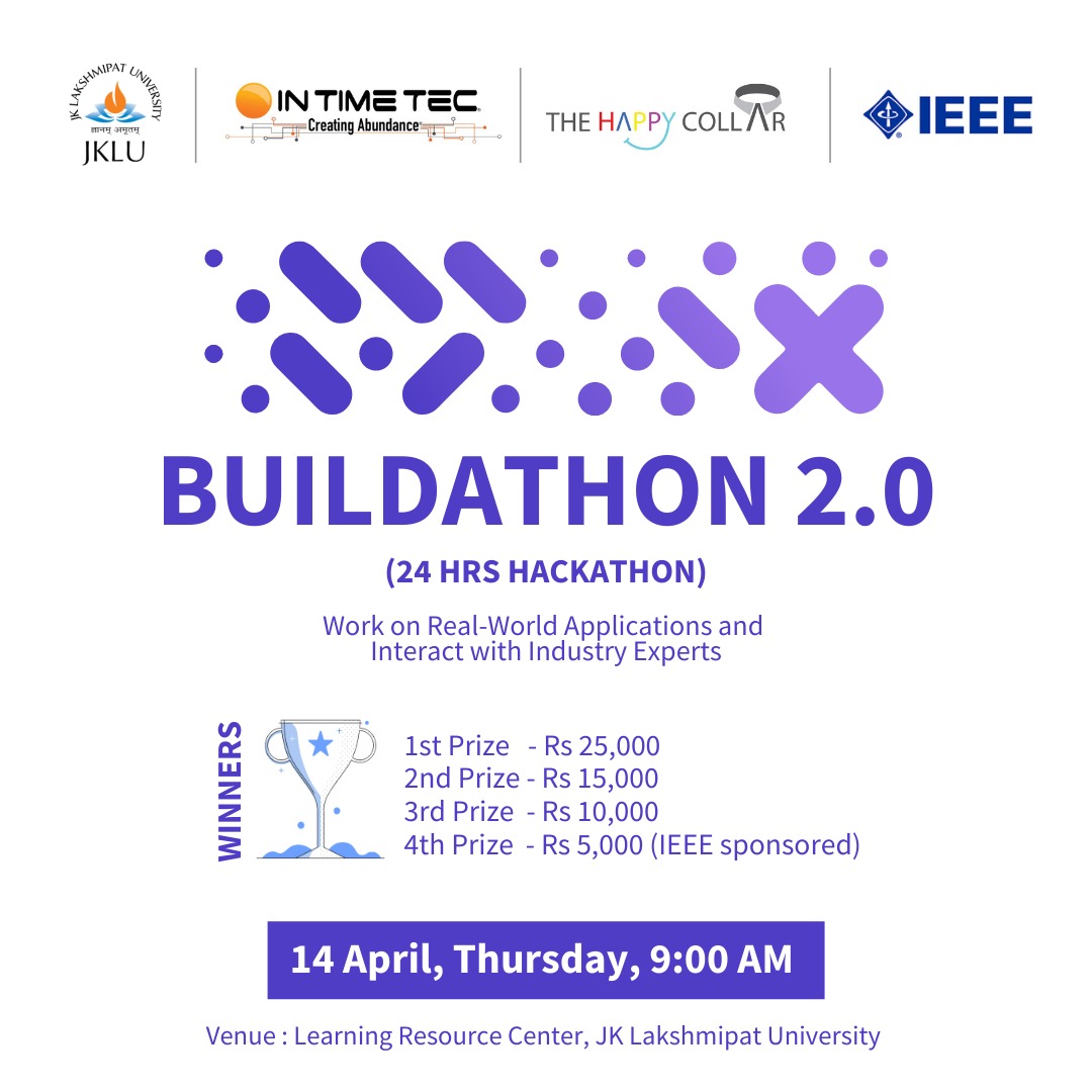 jklujaipur's tweet photo. The Battle of Hackathon is here!
Take your tech skills to the next level, work on real-world applications and interact with Industry Experts, win cash prizes, & have fun.
Compete in #JKLU #Buildathon2.0, 24 hrs #Hackathon, accept the challenge & prove your supremacy! https://t.co/ZgHZSU9zZ8