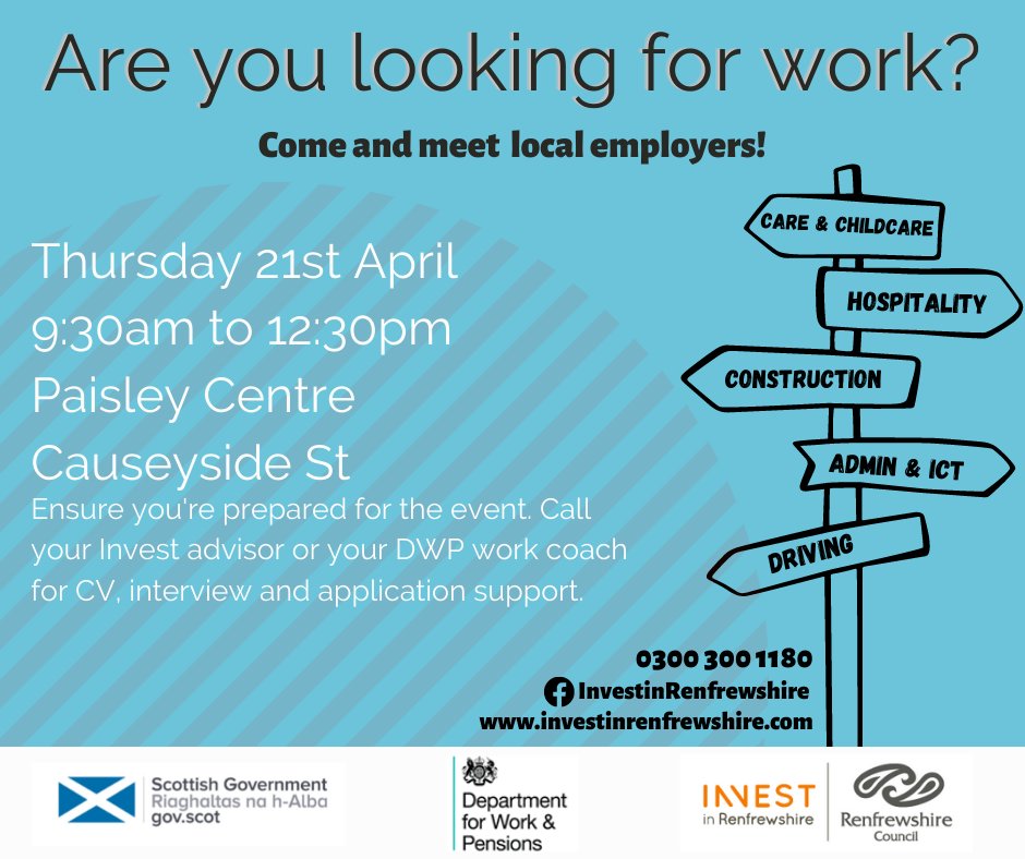 InvestinRen's tweet photo. ‼️ Reminder !

📅 Renfrewshire Jobs Fair with be returning on April 21st and will be held in the Paisley Centre (former Co-op unit)

📲 For more information or to help prepare for the event - please contact your Invest advisor, or call 0300 300 1180 for more information https://t.co/ya5giMX7ZM