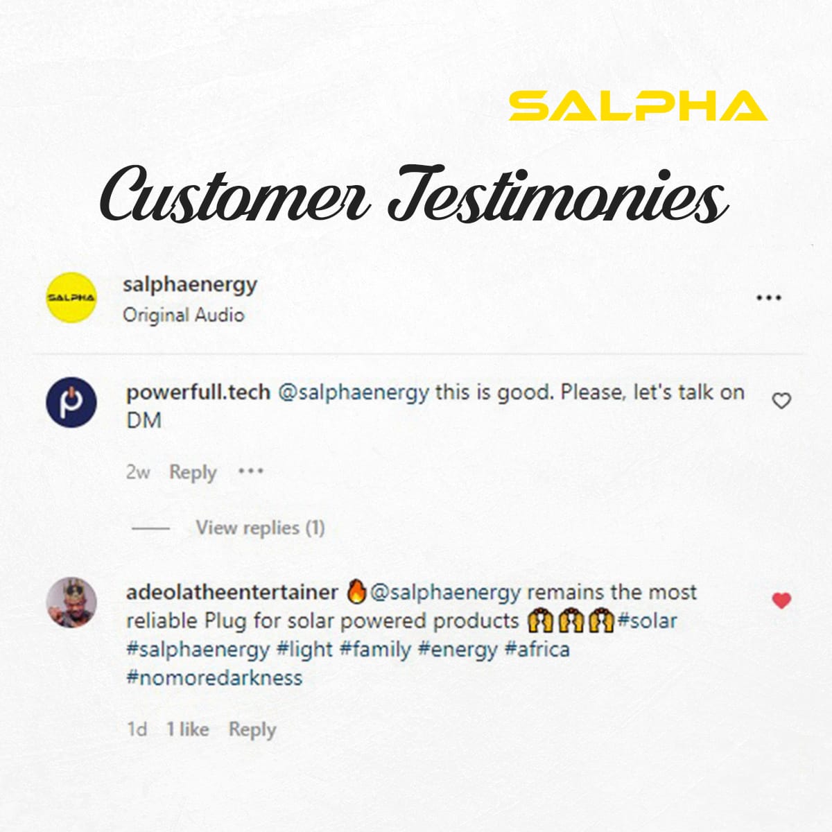 SalphaEnergy's tweet photo. We value the quality of our solar products to our customers to give them the best value for their homes and business we appreciate you, sir
#salphaenergy #powerflo100 #Solar #SolarForThePeople #solarenergy #Sdgs #Mdgs #CleanEnergy #EnergyAcess #SolarPanels #Lagos
#solar https://t.co/Ght6xHEyUa