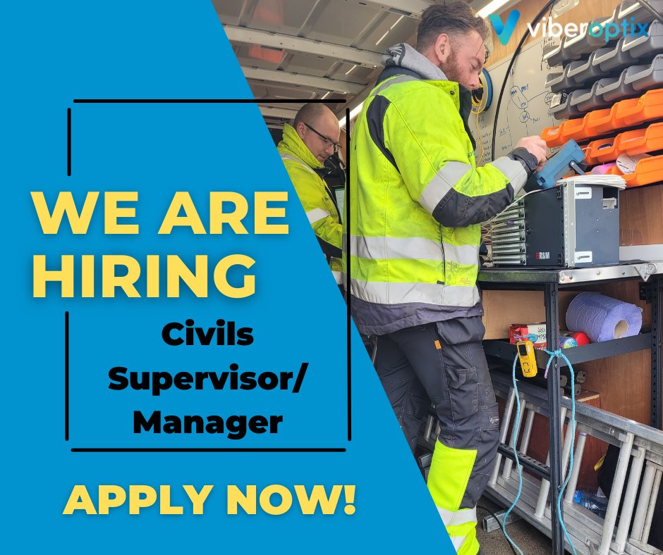 ⚠ JOB ALERT 

Civils Supervisor &amp; Manager

The successful candidates will receive;

🔹Competitive remuneration package
🔹Company vehicle
🔹Fuel card
🔹Excellent progression opportunities

 Visit our website for more info:

viberoptix.com/careers
careers@viberoptix.com