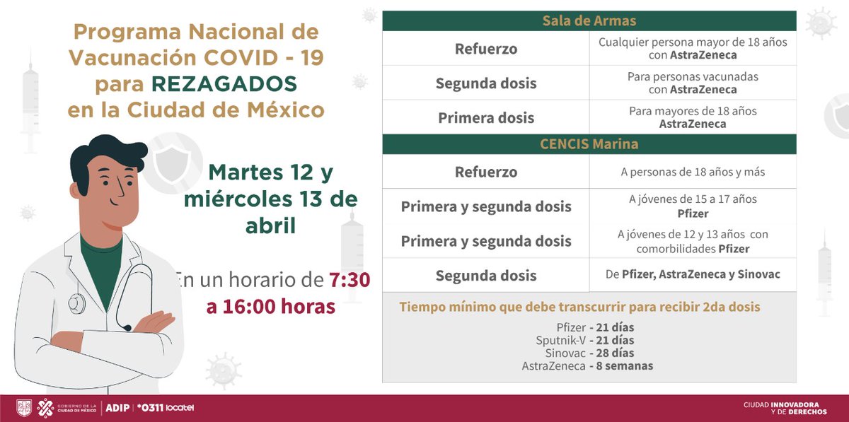 SSaludCdMx's tweet photo. 🚨 Hoy concluye la jornada de vacunación contra #COVID19 de esta semana. Si eres residente de la Ciudad de México y te hace falta la primera, segunda o dosis de refuerzo 💉 no esperes más

☝🏼La vacunación nos protege a todos.

🕓 07:30 a 16:00 horas https://t.co/msV7RbGdeW