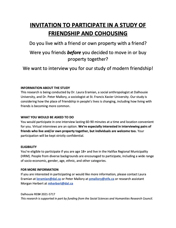 Do you own property with a friend and/or live with a friend in Halifax Regional Municipality? We want to interview you for our study of modern friendship! Contact leramian@dal.ca or pmallory@stfx.ca or mherbert@dal.ca @PeterAMallory @LieslGambold