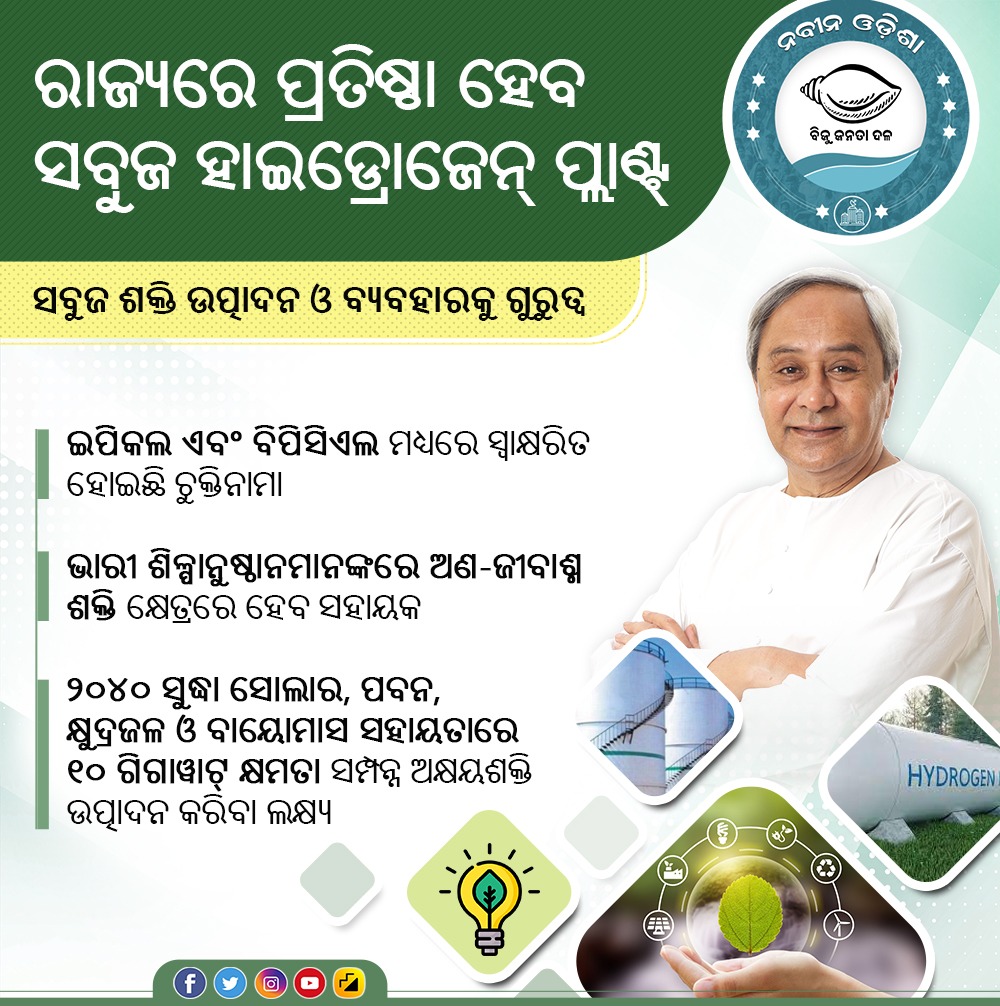 nabina_odisha's tweet image. ସବୁଜ ଶକ୍ତି ଉତ୍ପାଦନ ଓ ଏହାର ବ୍ୟବହାରକୁ ଗୁରୁତ୍ୱ ଦେଇ ରାଜ୍ୟରେ ସବୁଜ ହାଇଡ୍ରୋଜେନ ପ୍ଲାଣ୍ଟ ପ୍ରତିଷ୍ଠା କରିବାକୁ ଯୋଜନା କରୁଛନ୍ତି ରାଜ୍ୟ ସରକାର। ଏଥିପାଇଁ #IPICOL ଓ @BPCLimited ମଧ୍ୟରେ ଚୁକ୍ତିନାମା ସ୍ୱାକ୍ଷରିତ ହୋଇଛି। ଏହା ଭାରୀ ଶିଳ୍ପାନୁଷ୍ଠାନମାନଙ୍କରେ ଅଣ-ଜୀବାଶ୍ମ ଶକ୍ତି କ୍ଷେତ୍ରରେ ବେଶ ସହାୟକ ହେବ। #NabinaOdisha