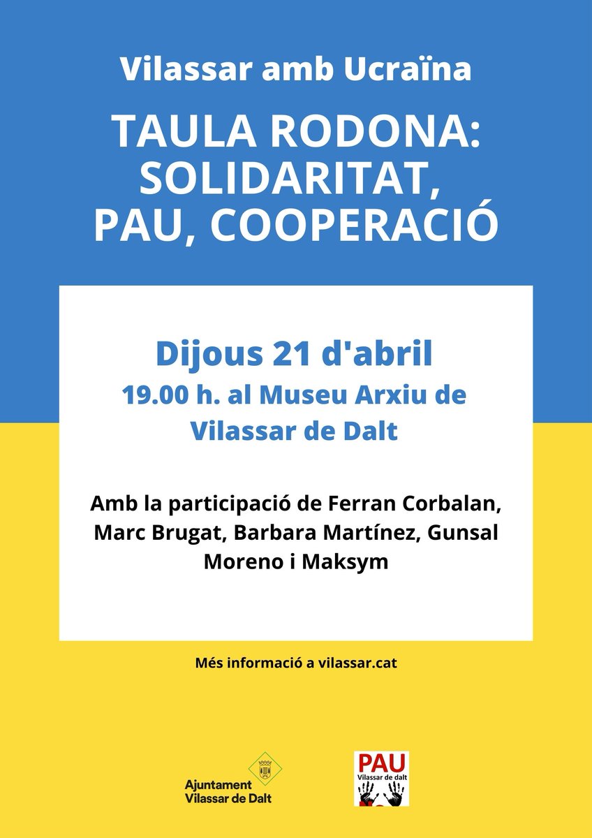 Organitzada per la plataforma <a href="/VilassarUcraina/">Vilassar Amb Ucraïna</a>, el Museu Arxiu de #VilassardeDalt acollirà el proper 21 d'abril la taula rodona 'Solidaritat, pau, cooperació' 

vilassar.cat/actualitat/age…