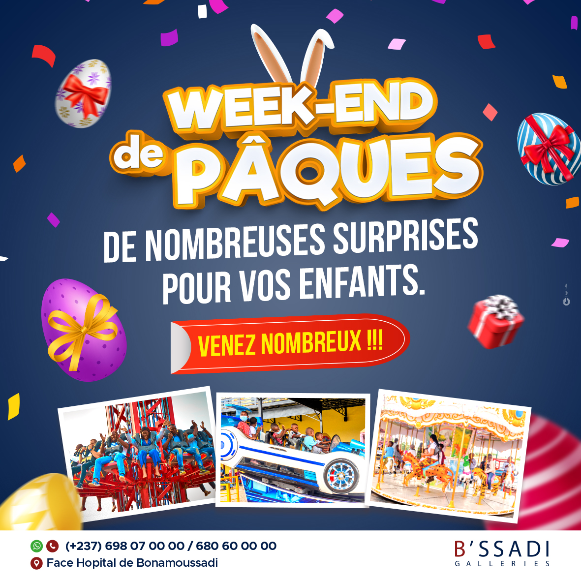 b_ssadi's tweet photo. Pour #paques de nombreuses surprises  attendent vos enfants dans les attractions du manège. 🤪
Venez et découvrez !

Plus d'infos📞 : 698 07 00 00 / 680 60 00 00
🚩 : B'SSADI GALLERIES est situé en face de l'hôpital de Bonamoussadi
#BssadiGalleries https://t.co/mCommEbG6k