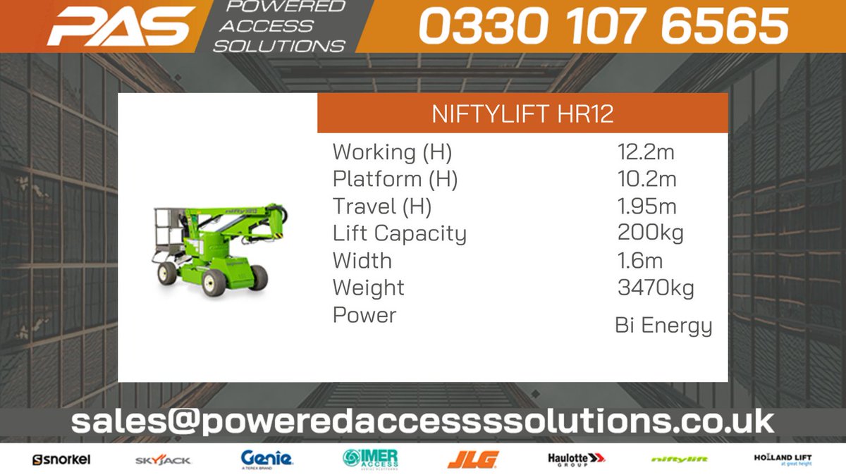 🟠🟠 With its compact dimensions and class-leading working envelope, the HeightRider Niftylift hr12 has always been versatile and reliable. 🟠🟠

View &amp; Download product spec - poweredaccesssolutions.co.uk/boom-hire/nift…

#Poweredaccess