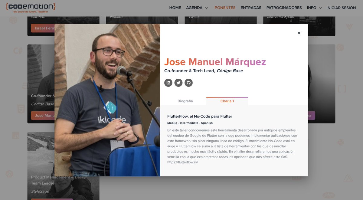 codigo_base's tweet image. 🎉Nuestro Tech Lead @ikicode participará como speaker en @CodemoMadrid con la charla...
"FlutterFlow, el no-code para Flutter"
🗓️ 10-11-12 Mayo / Online
😎 Echa un vistazo a toda la agenda y apúntate
events.codemotion.com/conferences/on…