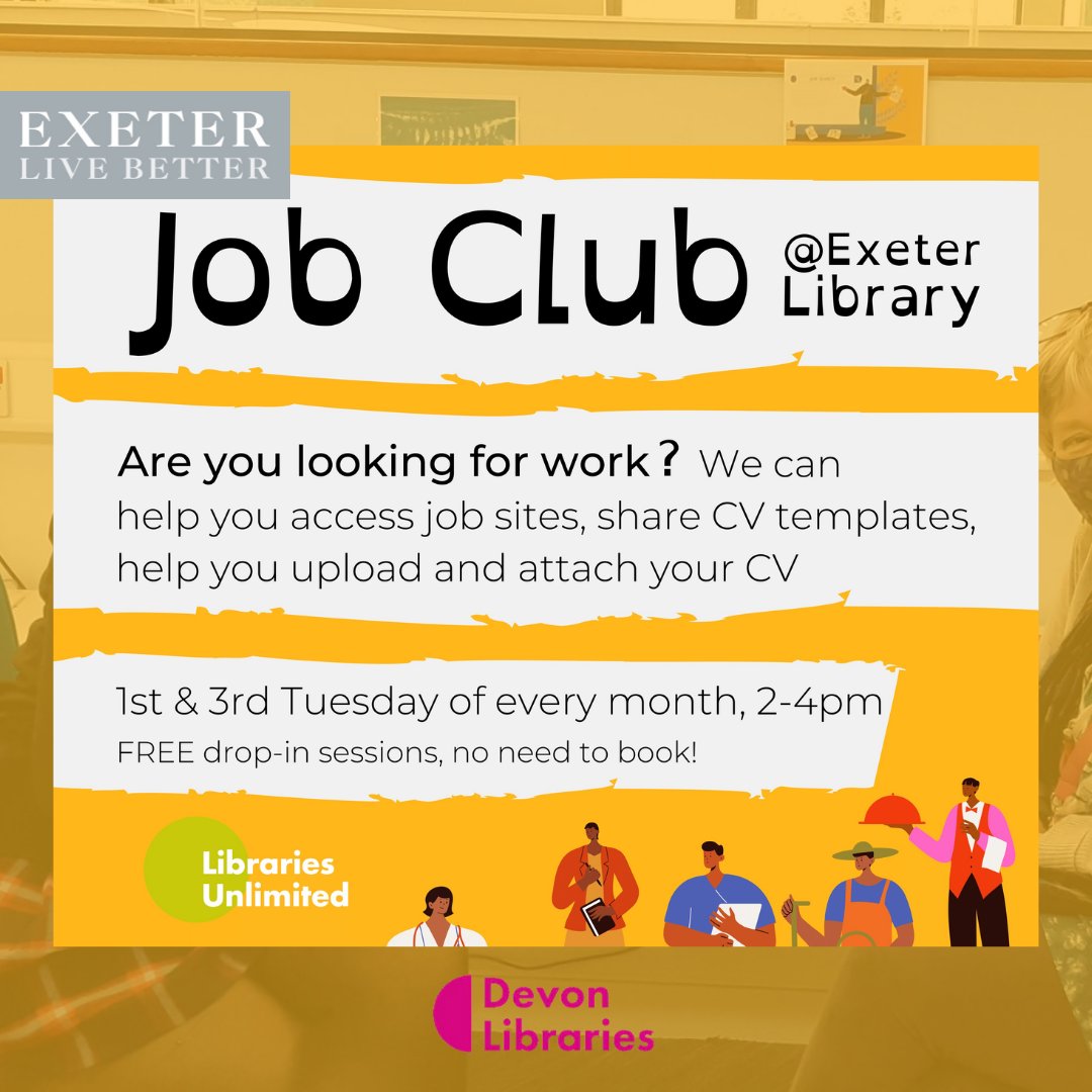 ExeterLiveBette's tweet photo. Need a helping hand with a #CV? Drop into @ExeterLibrary on the first and third Tuesday of each month for #free CV support to help you secure a role 🤝

#ExeterLiveBetter #TheBrilliantAlternative #Exeter #Exeterjob #Devonjob #Devon #job #career #ExeterWorks #ExeterWorksTogether https://t.co/ZTO8HoFs7O