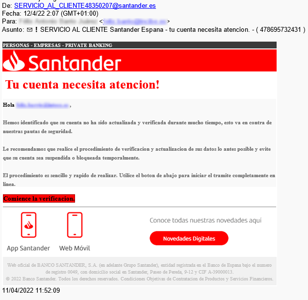guardiacivil's tweet photo. ⚠ #ALERTA❗ Detectada campaña de emails fraudulentos que suplantan al Banco Santander. Dirigen a web falsa (#phishing) para robar credenciales. Utiliza como excusa un proceso de verificación para evitar que la cuenta sea suspendida/bloqueada. #NoPiques 

https://t.co/Lbg1FRFZou https://t.co/3tHNmE3C0P
