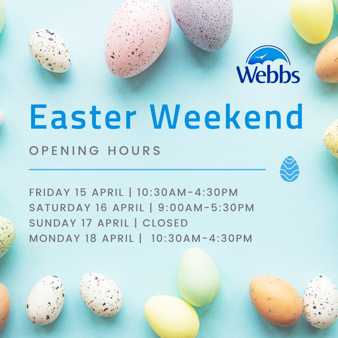 Happy Easter to all our fellow campers! 🐣

Webbs, Salisbury will be open on both bank holidays and Saturday so we look forward to welcoming you over the weekend. We’ll be closed on Easter Sunday. 🙂