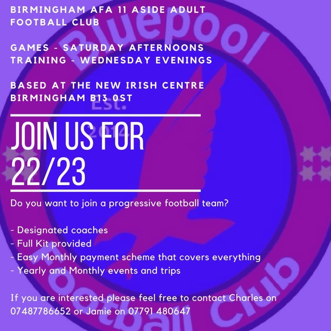BluepoolFC's tweet photo. Looking for a new team for 22/23?
We are looking to add to our squad for the new season and are looking for committed players in all positions!
@findaplayer #11aside #newteam #findaplayer #findateam #football #saturdayfootball #birmingham #westmidlands #mfl #amatuerfootball https://t.co/AlThoGV8Xm