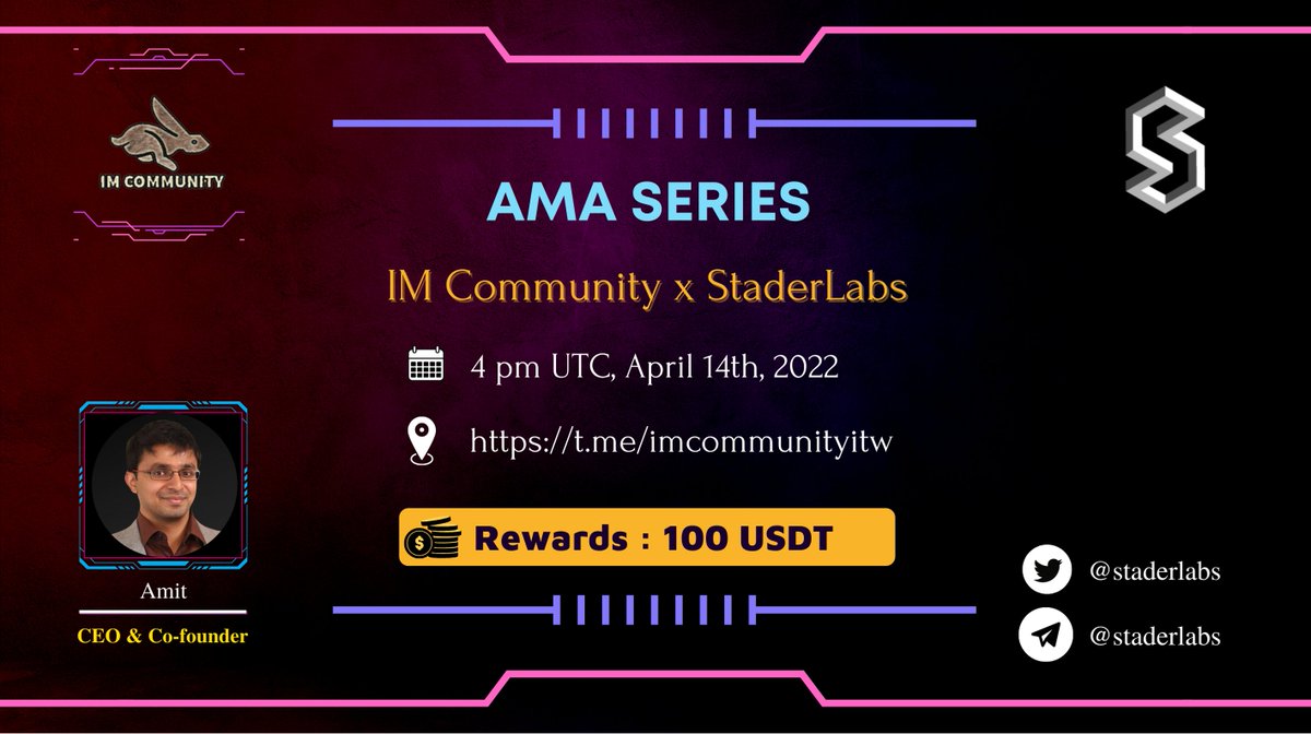 sagetraderhvhl's tweet photo. IM COMMUNITY will hold an AMA with https://t.co/JzUssuBBPM on 14 April 2022 l 04:00 PM UTC l 23:00 GMT+7 
Prize: 100 USDT 
Rules:
1. Details 
2. Follow @staderlabs &amp; @IM_Communityitw
3. Like, Retweet  &amp; Your Questions (max 3 questions) https://t.co/KKlcxzYOLO