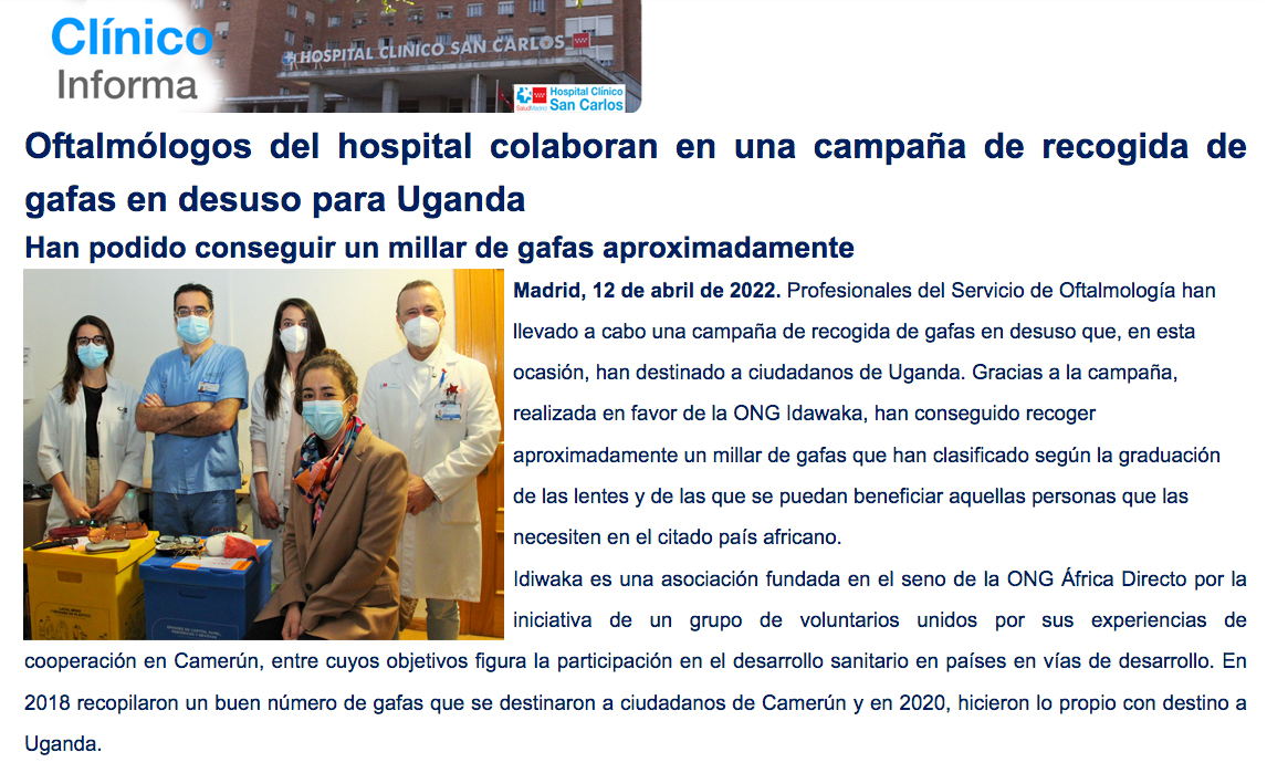 👓🌍 El Servicio de Oftalmología del Clínico de Madrid que dirige el miembro de #Asomega Julián García Feijóo colabora en una campaña de recogida de gafas para Uganda a través de la ONG <a href="/Idiwaka_/">Idiwaka</a> 
<a href="/OftalmSanCarlos/">Oftalmología Clínico San Carlos</a> <a href="/doctorgegundez/">José A. Gegúndez</a>