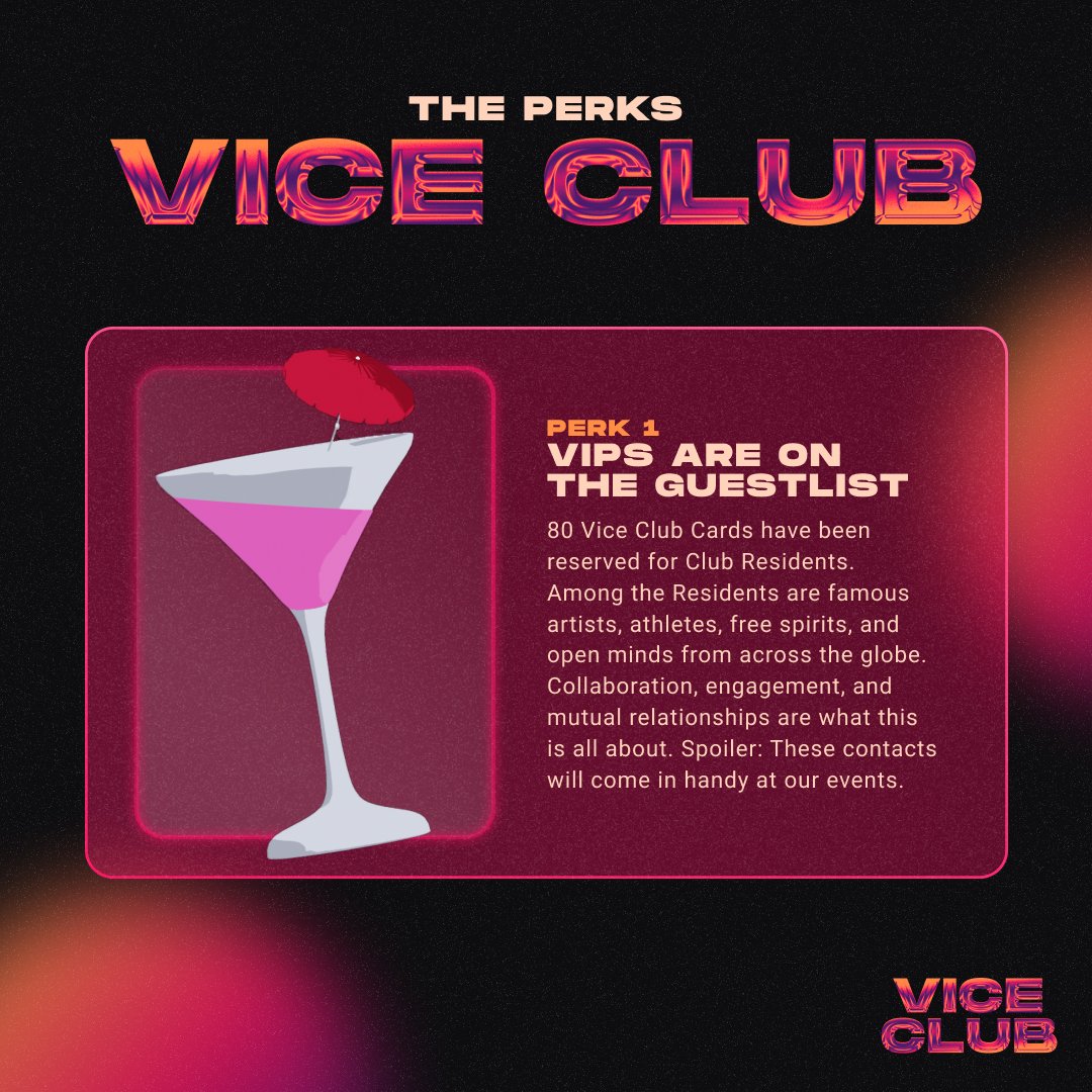 ViceClub_'s tweet photo. 𝗖𝗟𝗨𝗕 𝗥𝗘𝗦𝗜𝗗𝗘𝗡𝗧𝗦 -  So, what's in it for our Vice Club Card holders?  They will belong to an exclusive club of residents, among which you will find athletes, artists, and fellow free spirits! 

Networking never felt better. 🕶️

#NFT #ViceClub #Teaser #PerkOne https://t.co/X6HCbvikJ6