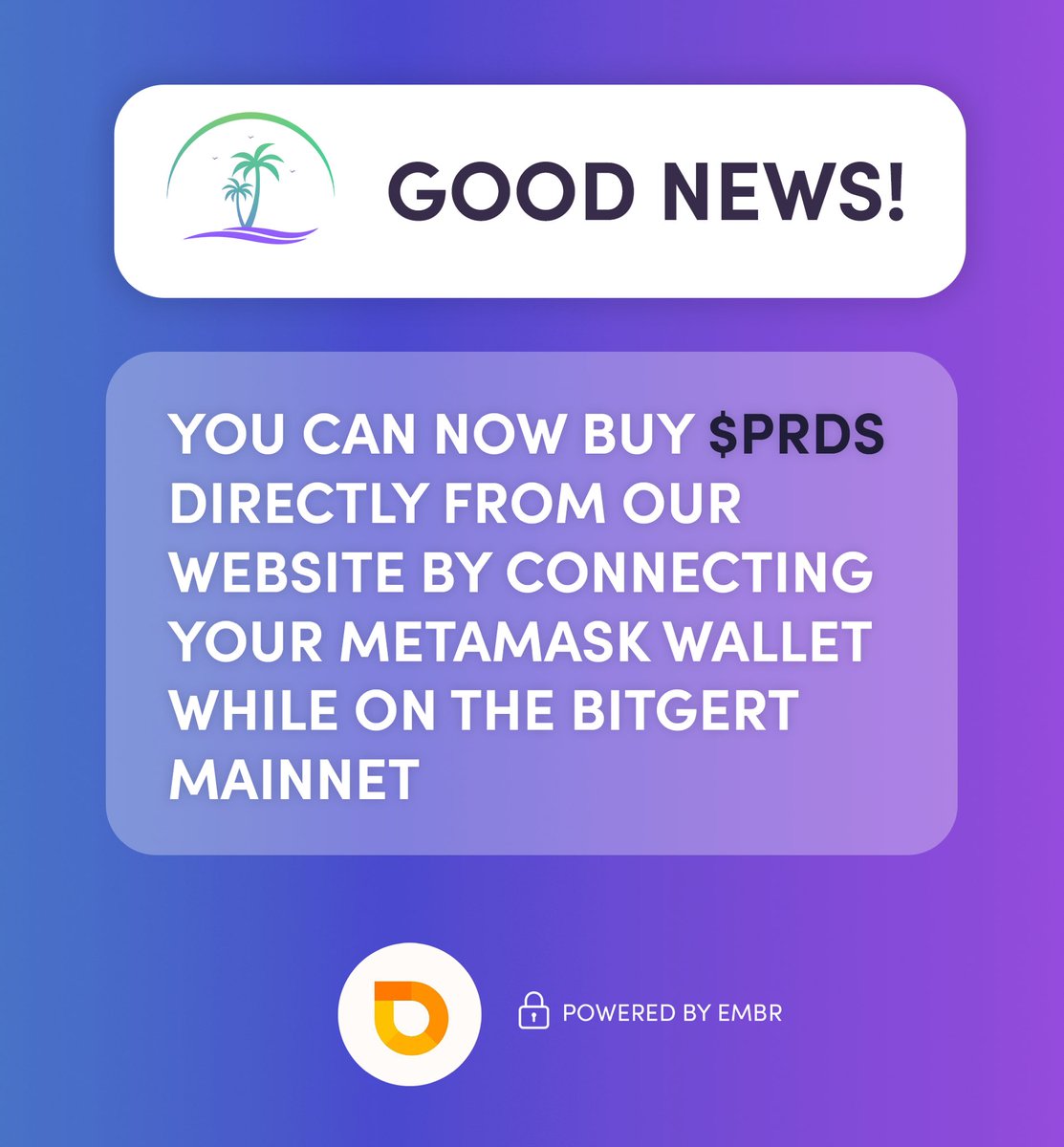 Paradisewave0x's tweet photo. 📣📣

You can now buy $PRDS directly from our website via Embr checkout 🌟

Head over to our website to bag yours and start the journey to earn exciting rewards that are waiting for you here at Brise Paradise 🤩

https://t.co/kP0kKWCLFQ

@bitgertbrise @omniaverse @joinembr https://t.co/jNMwM87i56