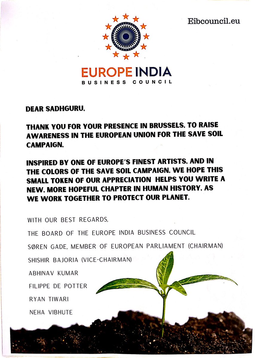 SadhguruJV's tweet photo. Our gratitude for the support of the @Eibcouncil. May this partnership include the larger concern of Soil and ecology to bring wellbeing to the people of Europe and India. #SaveSoil. Let Us Make It Happen. -Sg #SaveSoilBrussels @cpsavesoil https://t.co/fSxZi8bqTE
