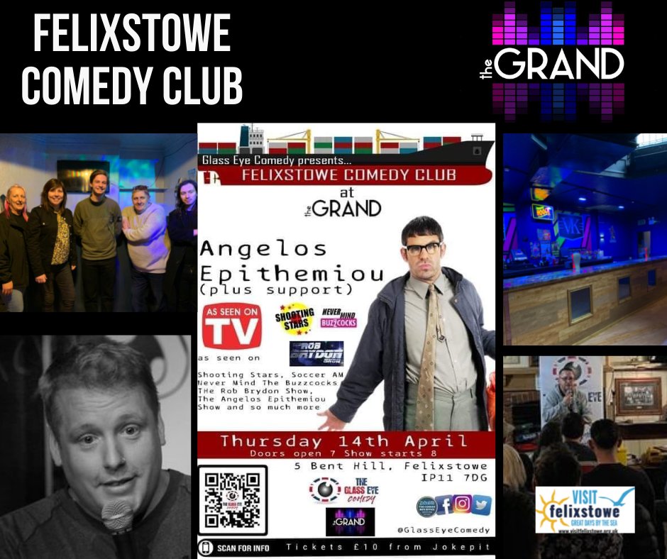 VisitFelixstowe's tweet photo. @glasseyecomedy presents @Epithemiou at The Grand. Who knew we had comedy nights? Well we did: we've been going for months and they are fantastic. Tomorrow is a special one. Scan below and see if you can still get tickets. https://t.co/QcFu8C6o8P #GrandNightOut #VisitFelixstowe https://t.co/7XEHtud70P