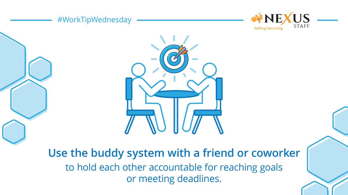 Nexus_Staff's tweet photo. Looking for some extra motivation at work? Team up with a friend to hold one another accountable!
#WorkTipWednesday #WTW #Productivity #Motivation https://t.co/OwPIcn70Ey