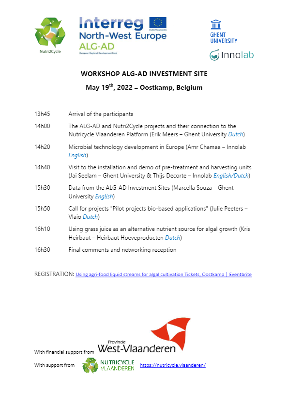 We are currently organizing a workshop to showcase the Belgian Investment Site and the ALG-AD project results to be held on May 19th, 2022, from 14h. 

 REGISTRATION: eventbrite.co.uk/e/using-agri-f…

PROGRAMME: 
⬇️
