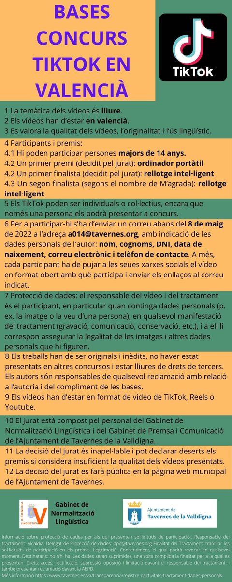 Teniu més de 14 anys i ganes de guanyar un ordinador portàtil?Participeu en el nostre concurs de TikTok en valencià.
El termini s'acaba el 8 de maig, però llegiu primer les bases del concurs