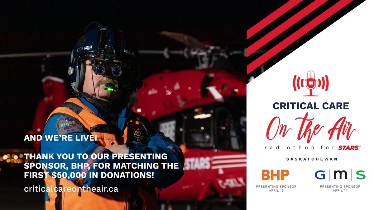 STARSambulance's tweet photo. Day 1 of Critical Care on the Air radiothon is live! Please call the @ViterraCanada Lifeline 1-877-50-STARS or go to https://t.co/NVDCutbLwG to support our life-saving missions. Thanks to presenting sponsor @bhp for matching the first $50K in donations today. #STARScareontheair https://t.co/n04kQr0WtN