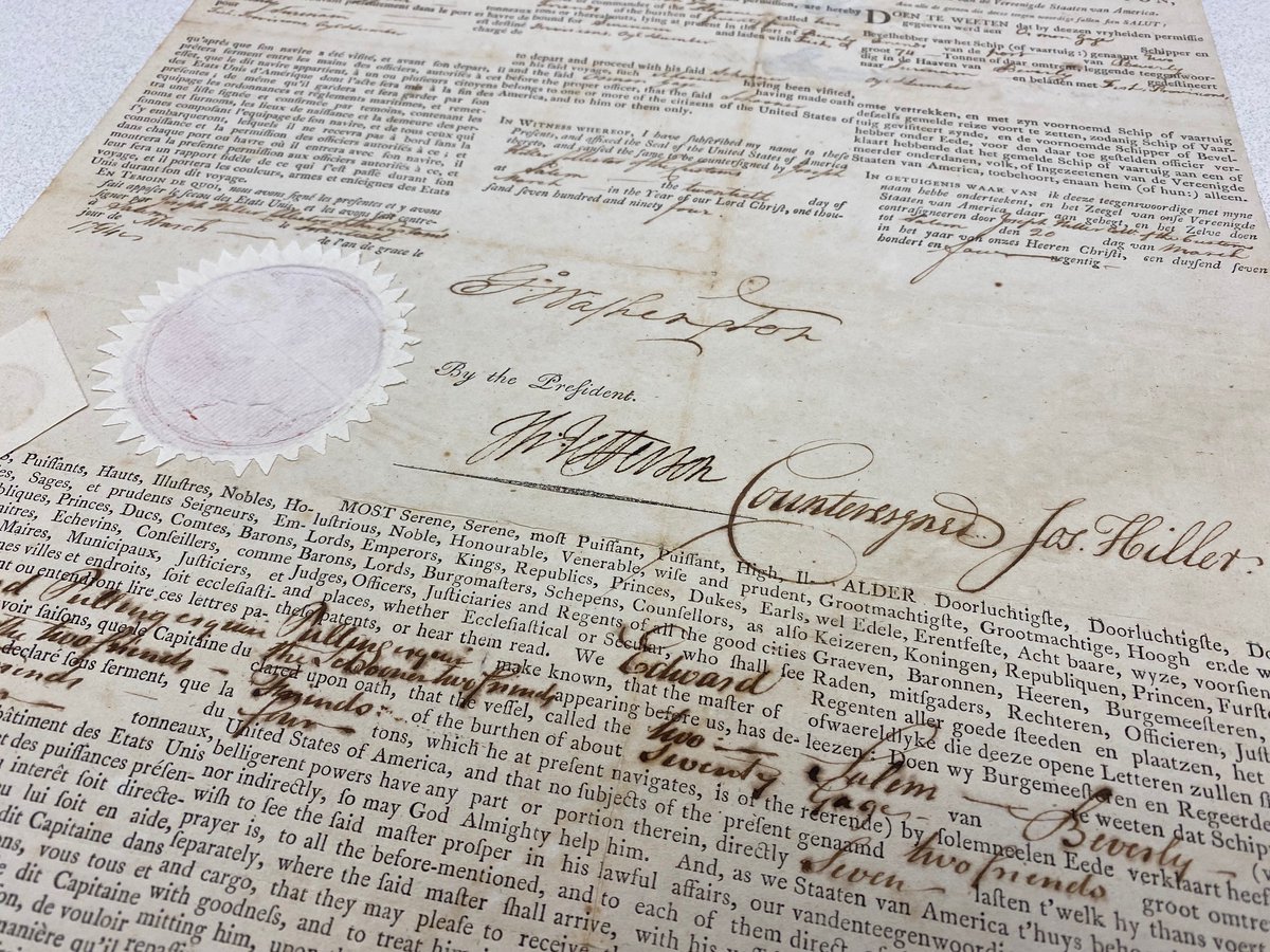 Hi folks, This post is about a sea letter signed by George Washington and Thomas Jefferson for a ship that carried enslaved people in the Caribbean slave trade. A recent acquisition for the Law Library of Congress.
blogs.loc.gov/law/2022/04/ne…