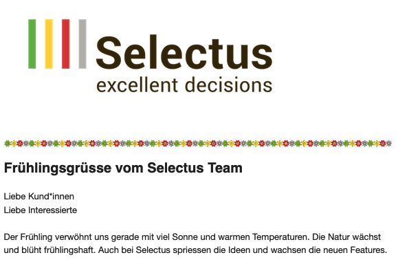 SelectusFaculty's tweet photo. Der Selectus Frühlings-Newsletter ist da mit Informationen zum neusten Release 5.1 und Neuigkeiten zur Selectus Academy: https://t.co/a9poDAgVlS https://t.co/OkrIdBOLqx