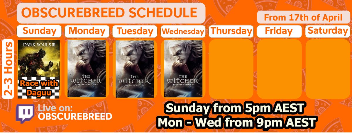 Obscurebreed's tweet photo. Here we go again!

After dipping my toe back into the streaming life again, I've decided to put my whole foot back in. Continuation of the #DarkSouls3 race with @DaGuuTV on Sundays, and the start of the #witcher trilogy from Monday - Wednesday. Schedule below! #teamtoska #return https://t.co/mgaOuBp5cf