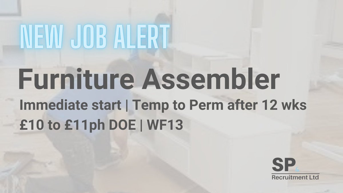 SP_Recruit's tweet photo. #NewJobAlert
#FurnitureAssembler in #WF13
Temp to Perm after 12 wks.
Click the link for the full job:
https://t.co/MaUFHAWGbI
If you think you fit the role or know someone who might be interested, get in touchππ½
β info@sprecruit.co.uk
π01924 729120
#sprjobs #sprecruit https://t.co/8iqzyp2wqi