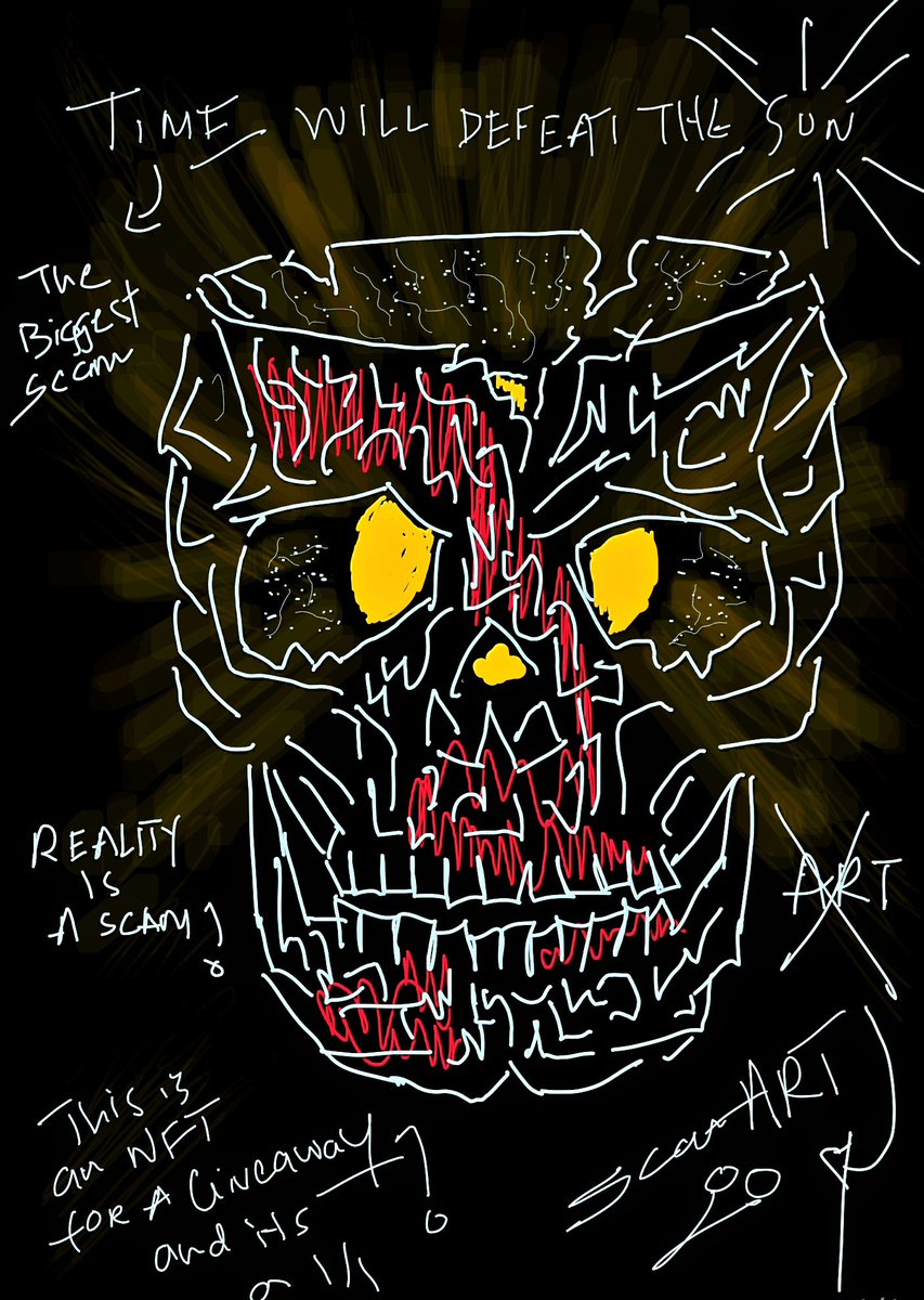 Scamart's tweet photo. GM GM 🌞 🌅  to my 3K+ frens.

 🚨 3K giveaway. Just need to  RT to enter (and following,) 
Will use twitterpicker
Draw at 9pm EST tonight. 

1/1  "Time will defeat the Sun" https://t.co/bTX2tkAWx1