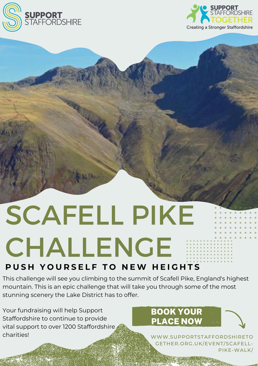 Are you looking for a new challenge? Why not join us on our Scafell Pike Challenge and climb to the summit of England's highest mountain, while raising funds for 1200 local charities!

It's not one to be missed, so book your place now at supportstaffordshiretogether.org.uk/event/scafell-…
