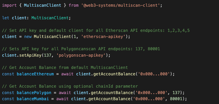 Built a simple Scanner module to easily fetch data from all the Etherscan Clone API endpoints.

github.com/web3-systems/m…

Extending the core API function signatures with a chainId parameter, so it is one client and infinite connections.