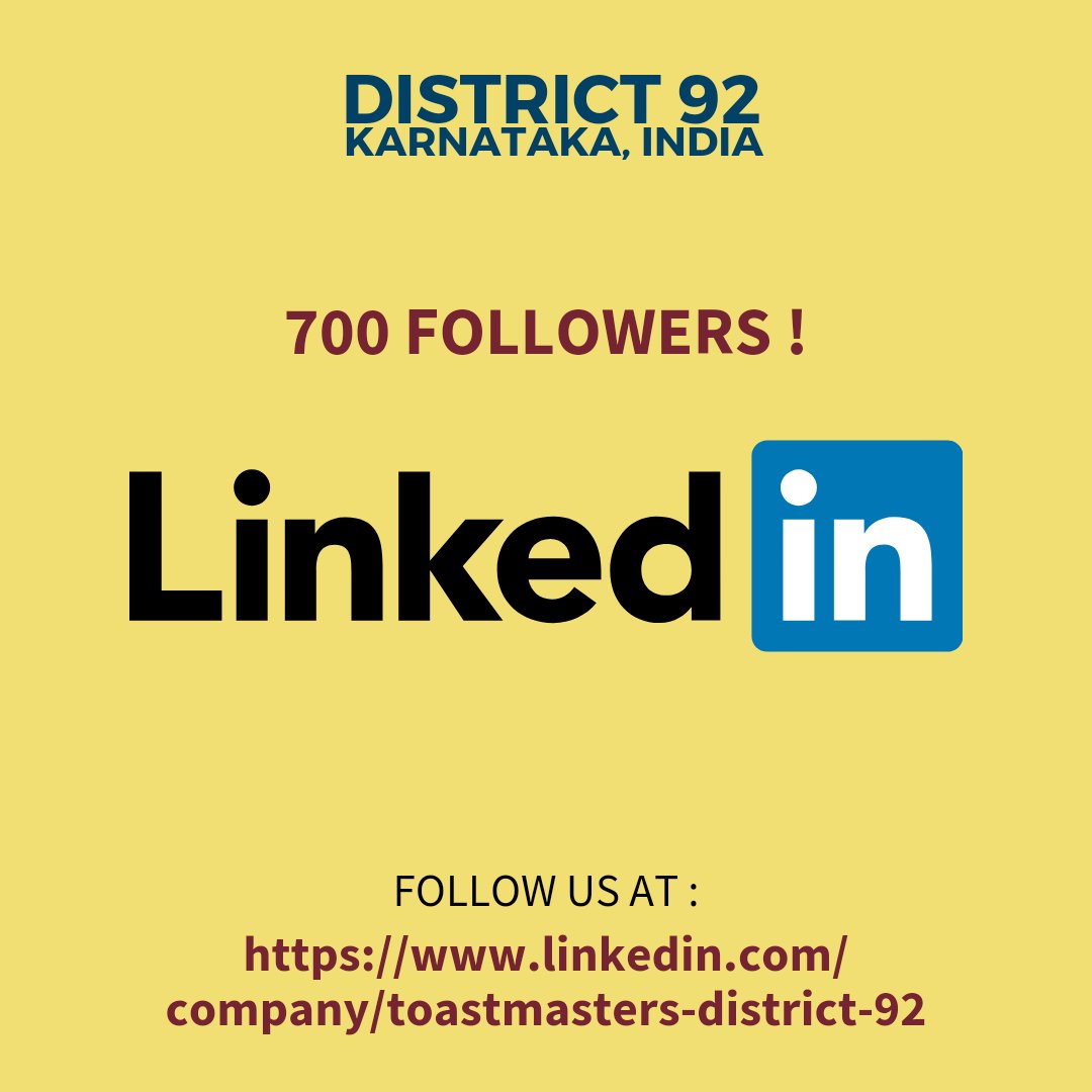 ToastmastersD92's tweet photo. Another milestone achieved !

We have 700 followers on LinkedIn! 
Connect with us on LinkedIn now! 

https://t.co/By1lxWDi24

#socialmedia
#milestone
#toastmasters 
#district92
#toastmastersinternational 
#pr
#prkaropopularbano https://t.co/cSQzU97Le1