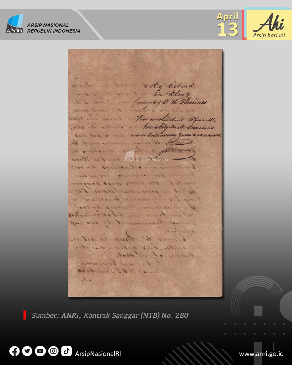 ArsipNasionalRI's tweet photo. #ArsipHariIni menampilkan kontrak Kerajaan Sanggar dengan Pemerintah Hindia Belanda pada 13 April 1846.
#ArsipStatis https://t.co/yGjC58DAAO