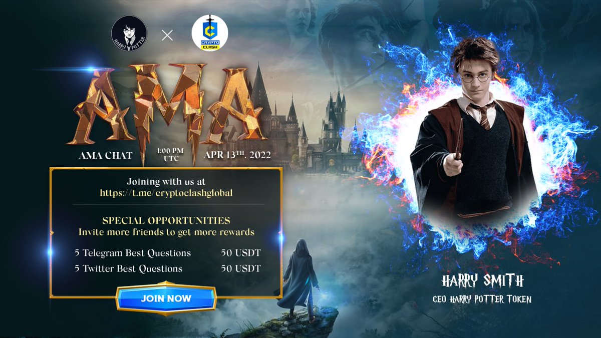 📝 Join today AMA to understand more about our project with the Crypto Clash team
Timeline: 01:00PM UTC, Apr 13 2022. 
We hope that our project will support Potterheads to get rich and help people in war-torn countries.
Join now: t.me/cryptoclashglo…
… #BSCGem #HPIToken #AMA