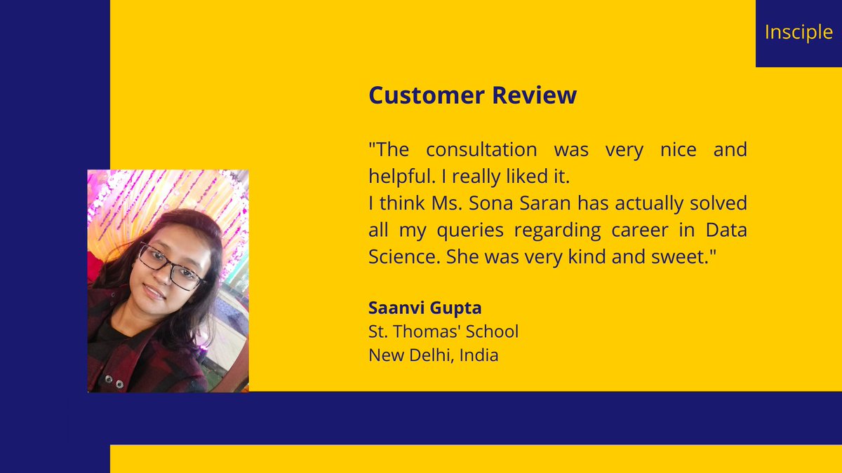 insciple_info's tweet image. We are glad that we could help Saanvi Gupta in her career planning. If you wish to connect with industry experts to get career guidance, visit Insciple.com

#datascience #datasciencemarket #datasciencechain #datascienceeducation   #careergoals #careercoach