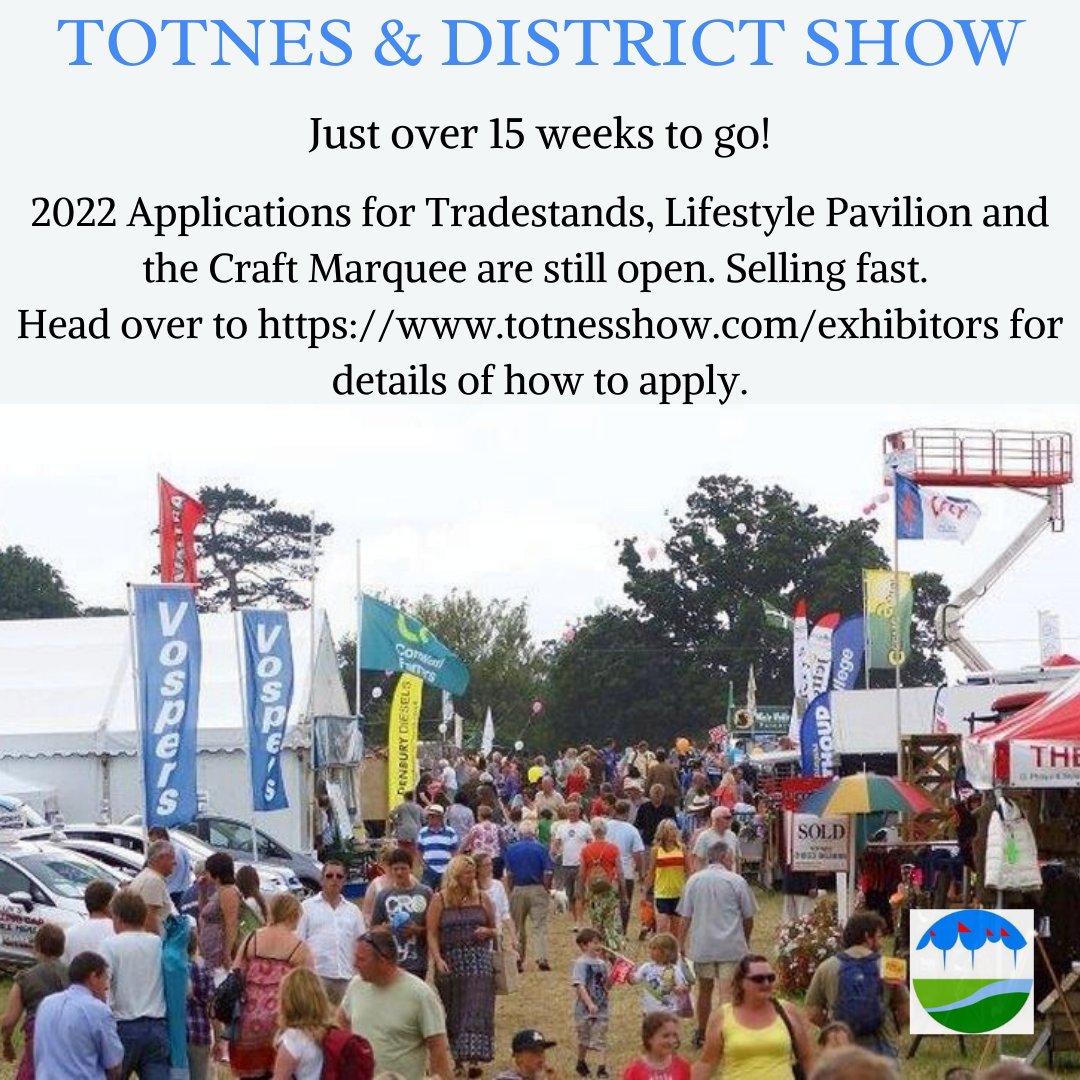 Just over 15 weeks to go!! Don’t miss this shop window opportunity for your business. Opportunities for all types of businesses no matter the size. Join us with your trade stand. totnesshow.com/exhibitors