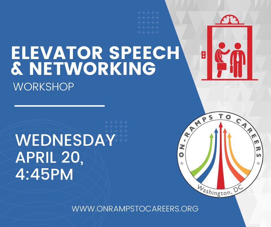 OnRampsTC's tweet photo. β°One week until our Elevator Speech & Networking workshop!
See you next Wednesday at 4:45pm with our Employer Volunteers!
#Onramps #onrampstocareers #elevatorspeech #networking #wednesdayworkshops #DCIntern #summerinternships #STEMeducation #STEMcareers #STEMinternships https://t.co/LAkC0CyXJ6