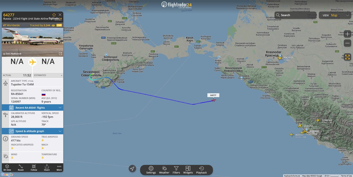 GrammarDomin8rx's tweet photo. Taking off from #sevastopol. Been kinda strange being able to see #Russianmilitary planes the last week or so...
Reg #RA85041 from #223rd Flight Unit and I believe the "State Airline" part is new as well...?
#flightradar24 #OSINT https://t.co/iO0B1dOuD6