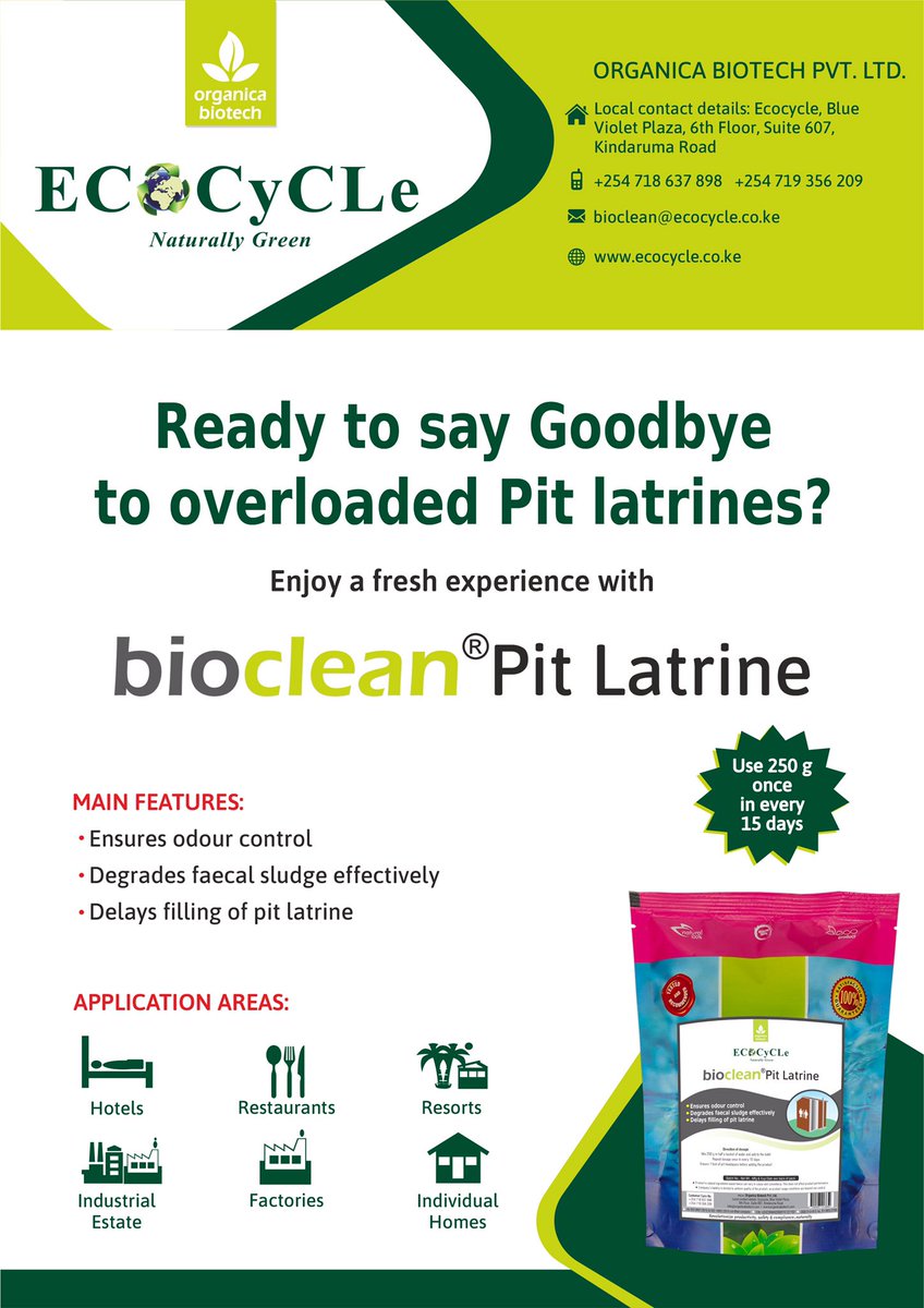 EcocycleLtd's tweet photo. Unveiling our NEWEST Eco- innovation! #BIOcLEAN  #PitLatrine . 

Is your Home, Farm, school, Camp, Lodge, Construction site, facing challenges with Pit Latrine Management? Odors and Filling up fast?
 
We got you covered! Drop us an email :bioclean@ecocycle.co.ke
Call: 0719356209 https://t.co/v9oCFYT0rP