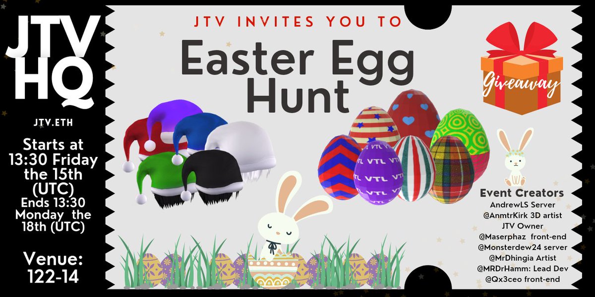 Grab at least 1 hat or all in order to obtain different color Easter eggs. #metaDCL #Easter #NFTs
Blue SH market.decentraland.org/browse?assetTy…

PSH market.decentraland.org/browse?assetTy…

GSH market.decentraland.org/browse?assetTy…

WSH market.decentraland.org/browse?assetTy…

RSH market.decentraland.org/browse?assetTy…

Black SH market.decentraland.org/browse?assetTy…